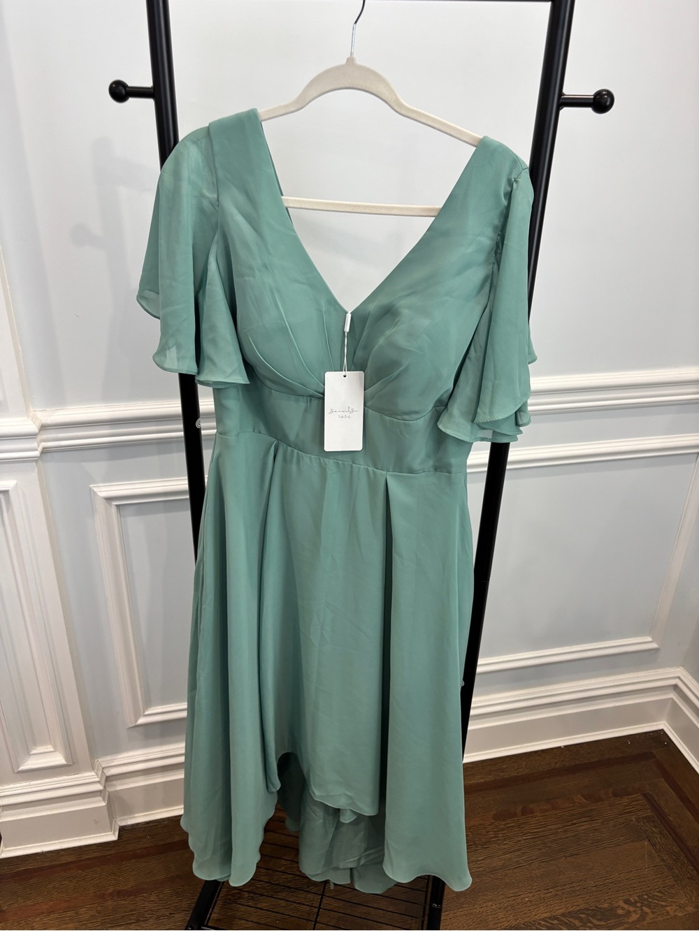 Flutter-Sleeve V-Neck Midi High Low Dress in Sage Green